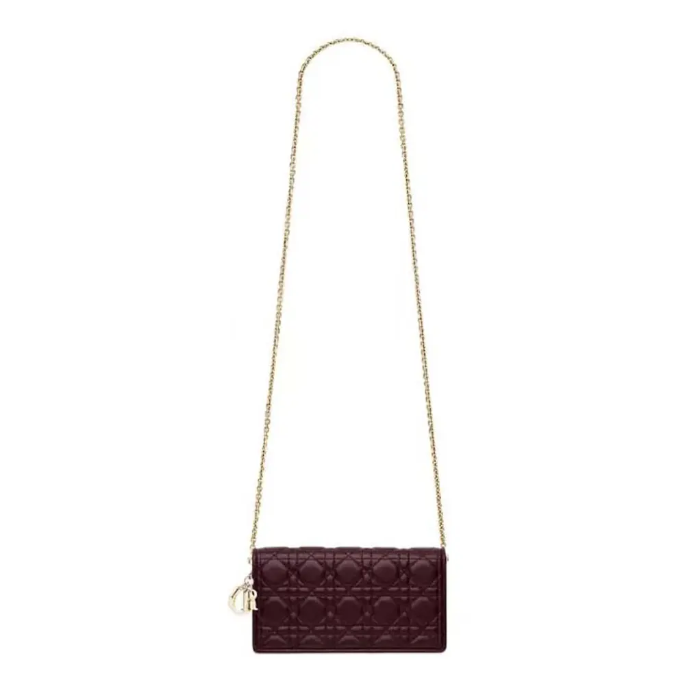 Front view of Dior Lady Dior Pouch Patent Cannage Calfskin-Maroon showing signature quilting