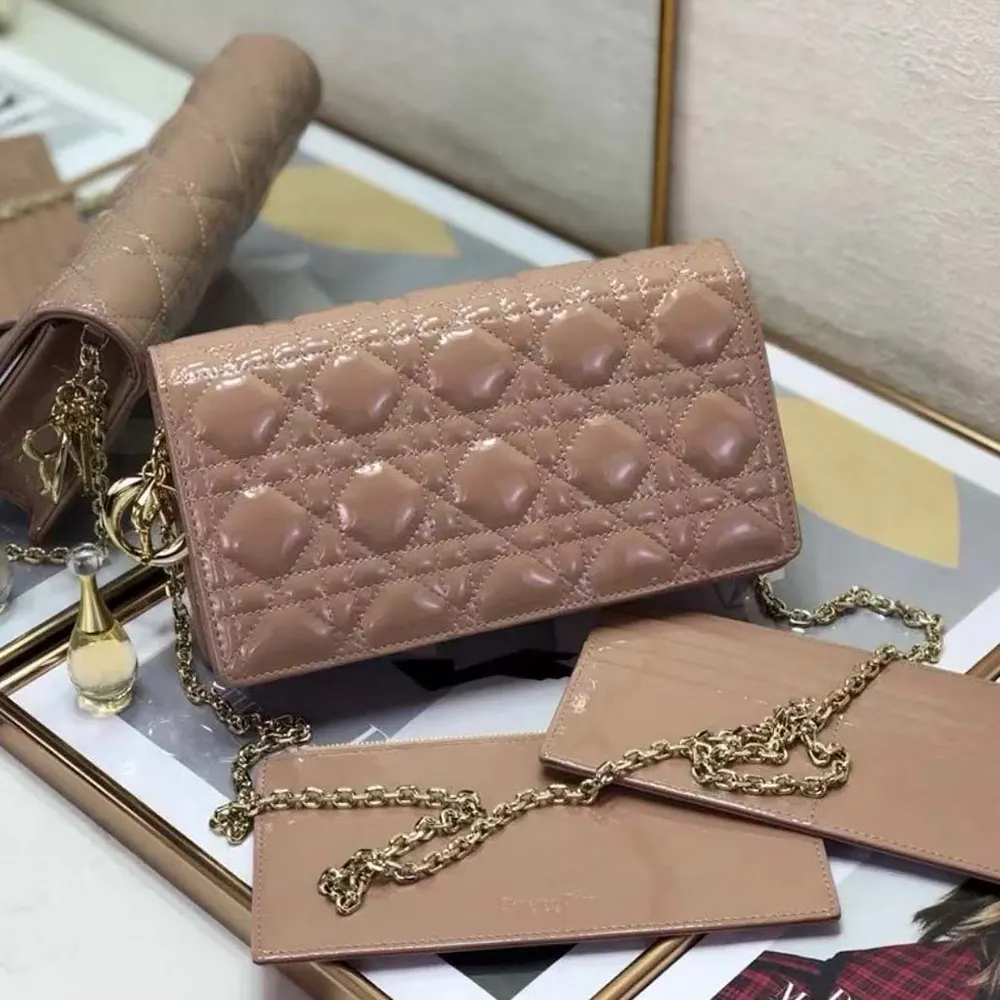 Close-up of gold-tone closure and signature Cannage pattern on pouch