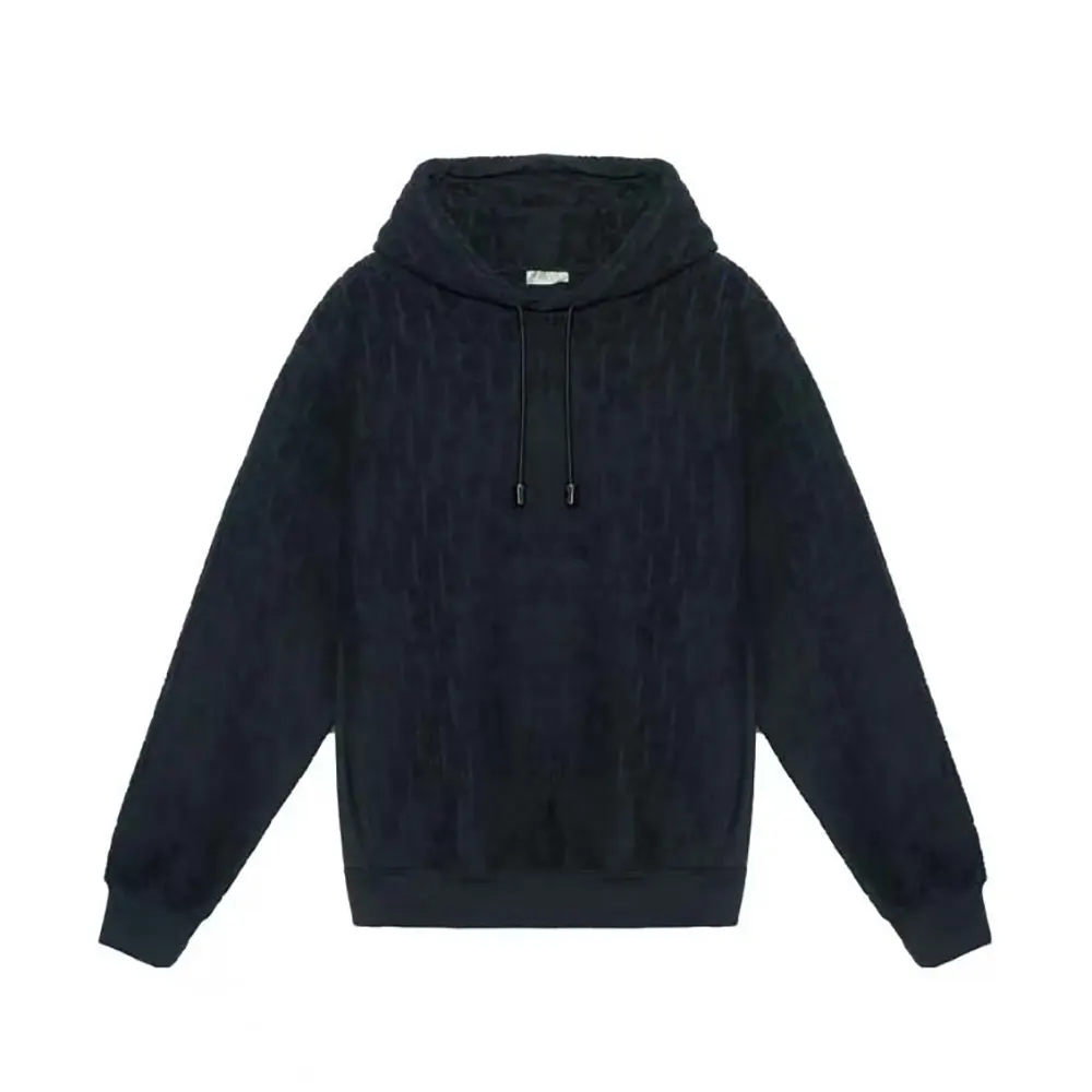 Front view of Dior Men Oblique Relaxed-Fit Hooded Sweatshirt Black Terry Cotton Jacquard
