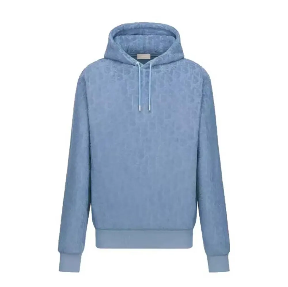 Front view of Dior Men Oblique Relaxed-Fit Hooded Sweatshirt Blue Terry Cotton Jacquard