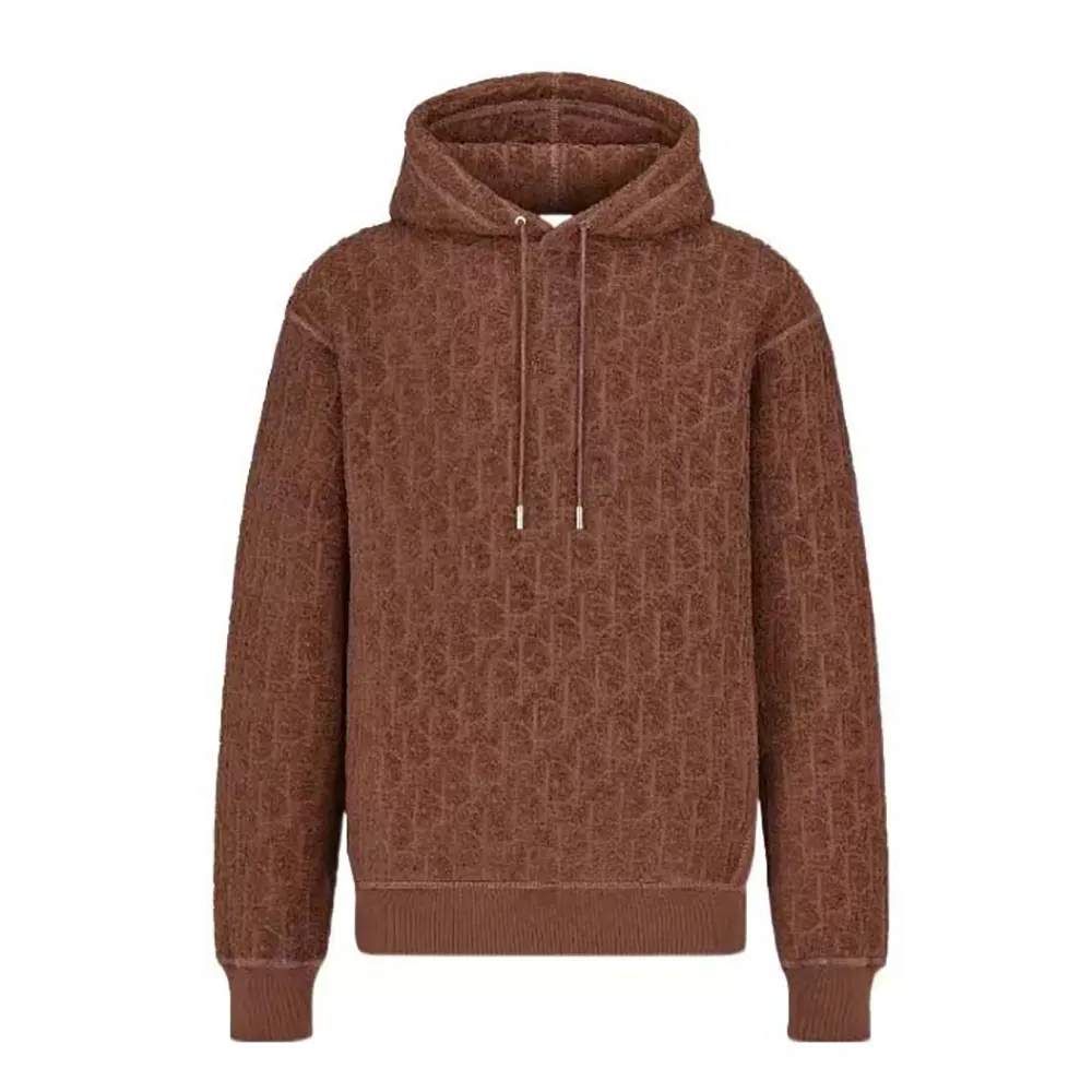 Front view of Dior Men Oblique Relaxed-Fit Hooded Sweatshirt Brown Terry Cotton Jacquard