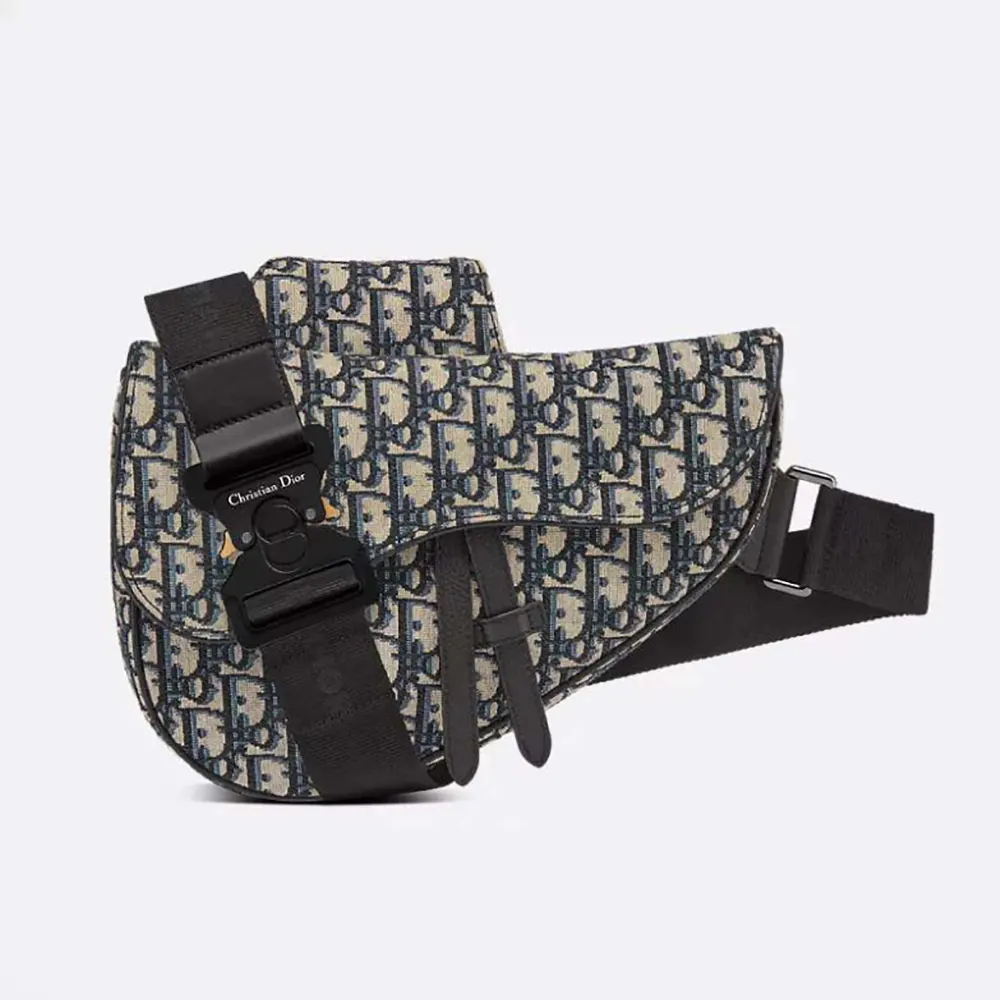 Front view of Dior Men Saddle Bag Beige and Black Dior Oblique Jacquard