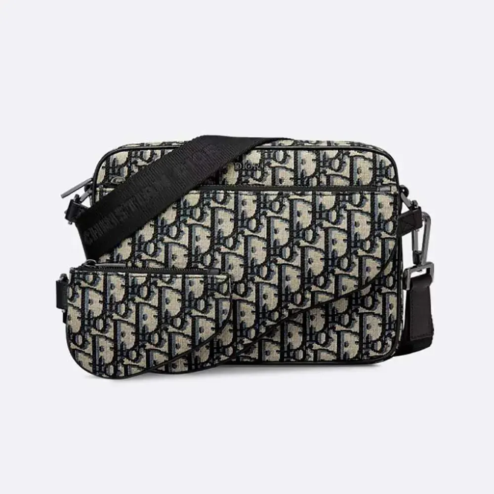 Front view of Dior Men Saddle Triple Pouch Beige and Black Dior Oblique Jacquard