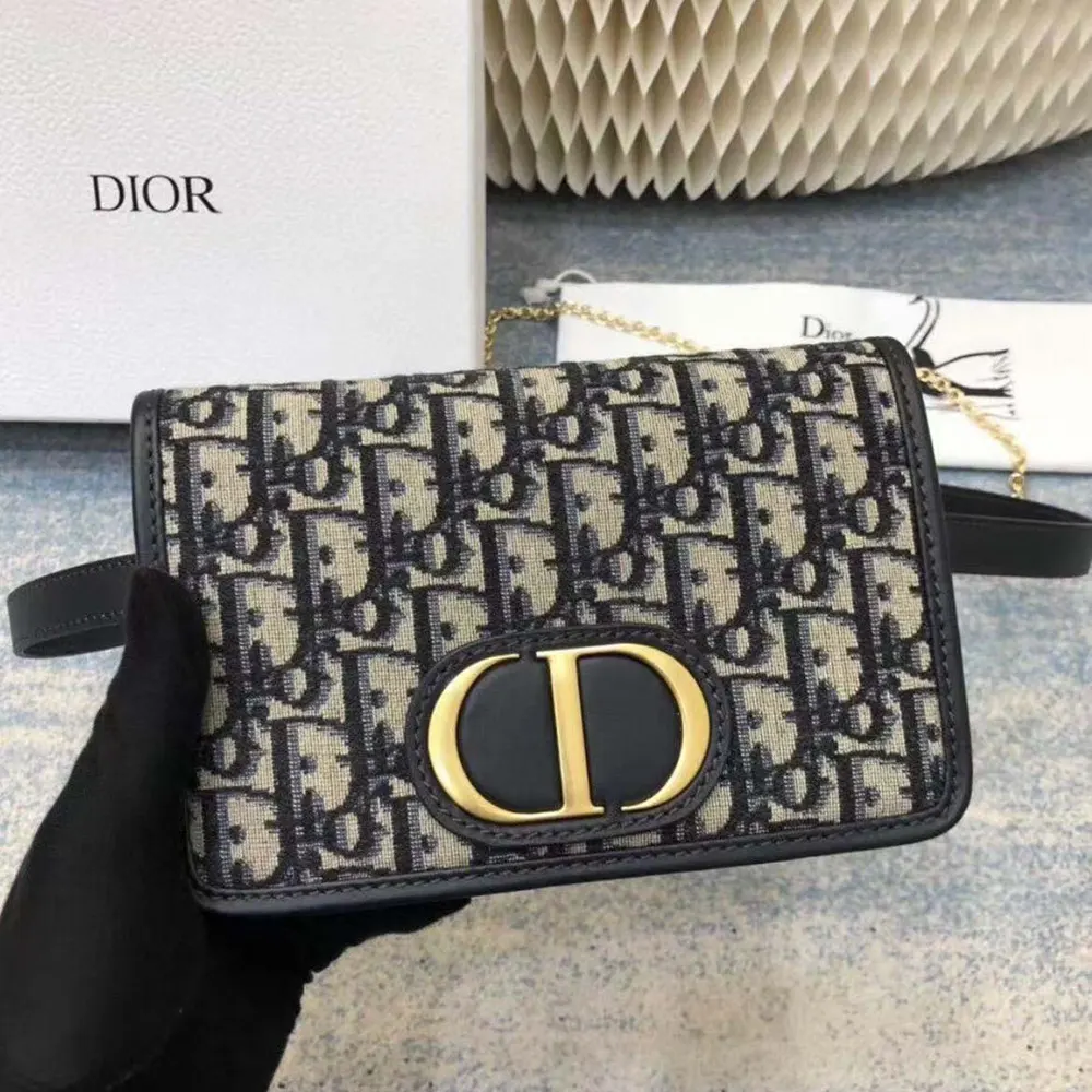 Close-up detail of blue Dior Oblique jacquard fabric on pouch