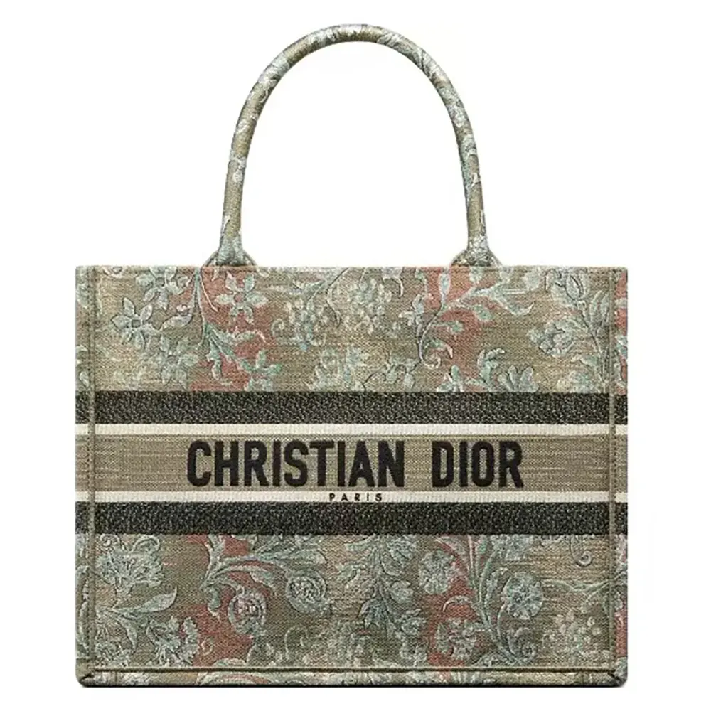 Front view of Dior Women Large Dior Book Tote Metallic Green Dior Brocart Embroidery