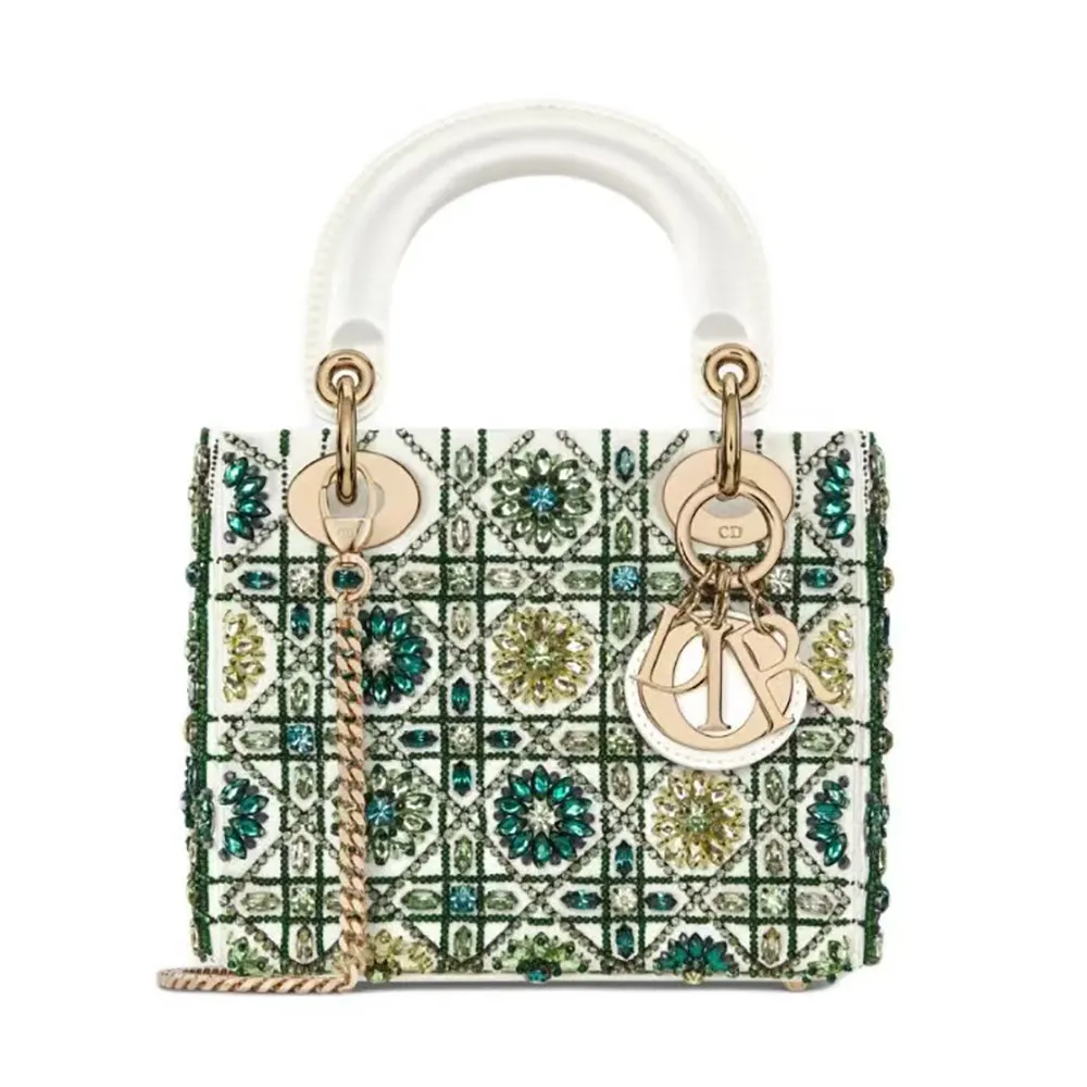 Front view of Dior Women Small Lady Dior Bag Metallic Calfskin and Satin with green bead embroidery