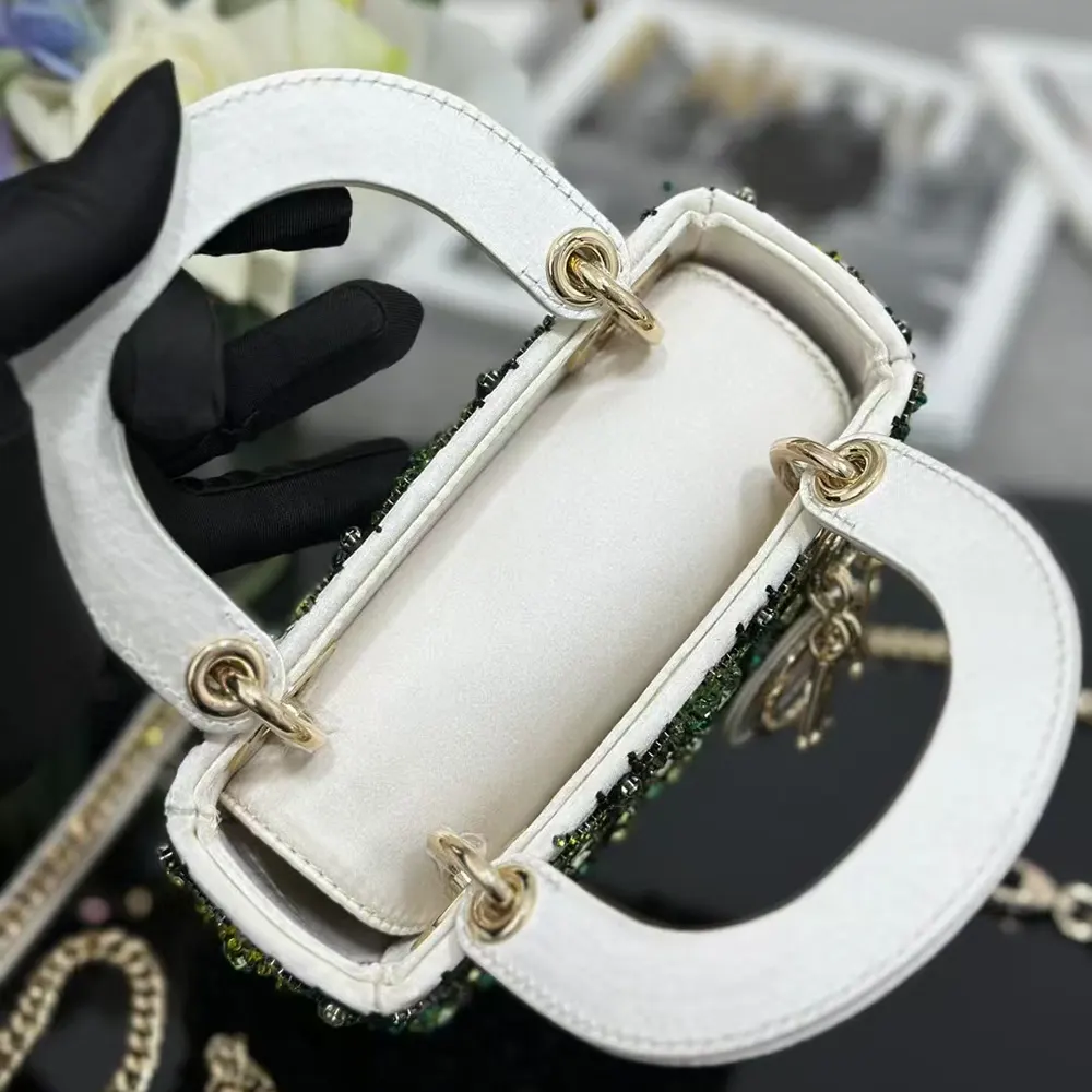Dior Women Small Lady Dior Bag Metallic Calfskin and Satin with Celestial Green Bead Embroidery - image 8