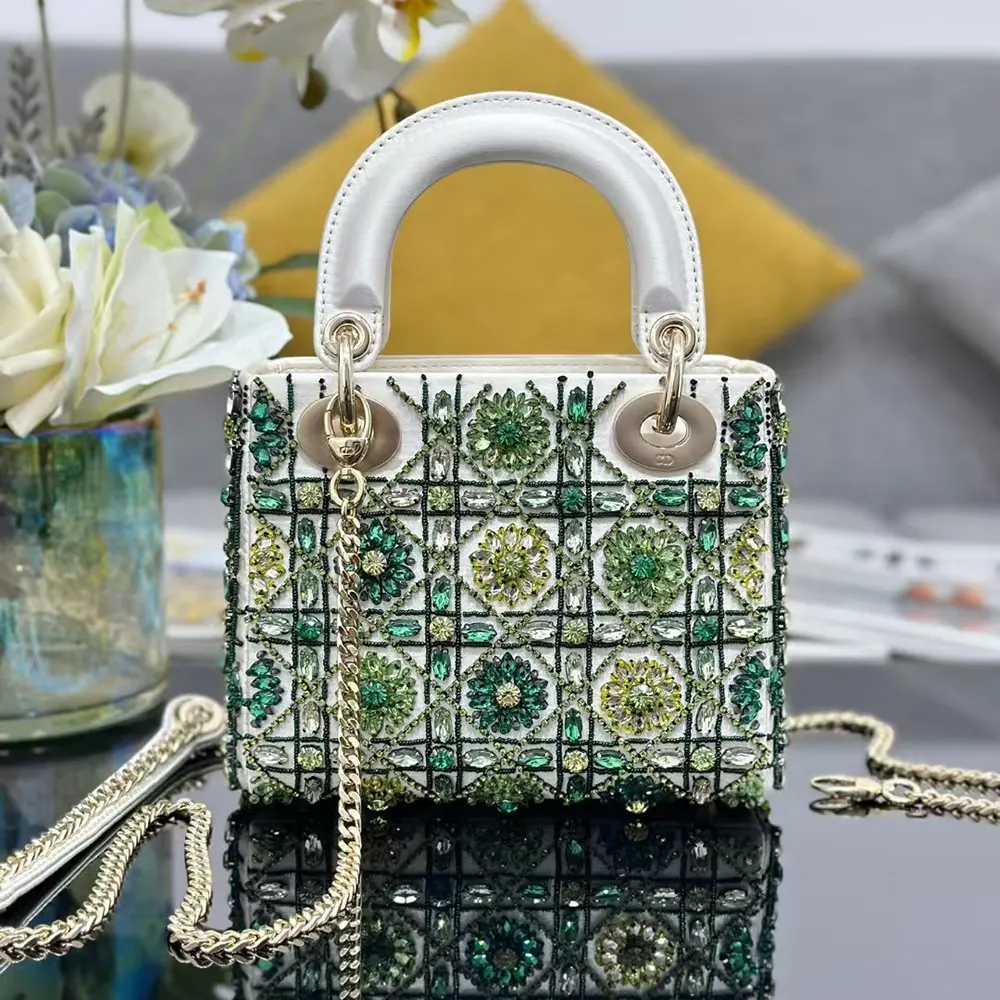 Close-up of celestial green bead embroidery on Dior Women Small Lady Dior Bag