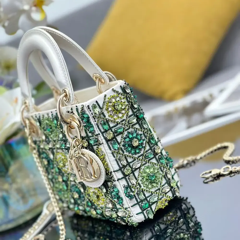 Dior Women Small Lady Dior Bag Metallic Calfskin and Satin with Celestial Green Bead Embroidery - image 5