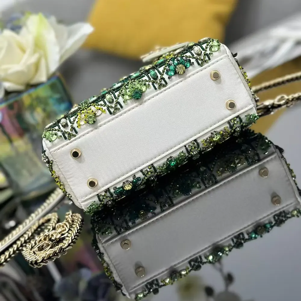 Dior Women Small Lady Dior Bag Metallic Calfskin and Satin with Celestial Green Bead Embroidery - image 6