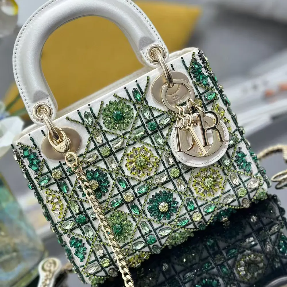 Dior Women Small Lady Dior Bag Metallic Calfskin and Satin with Celestial Green Bead Embroidery - image 4