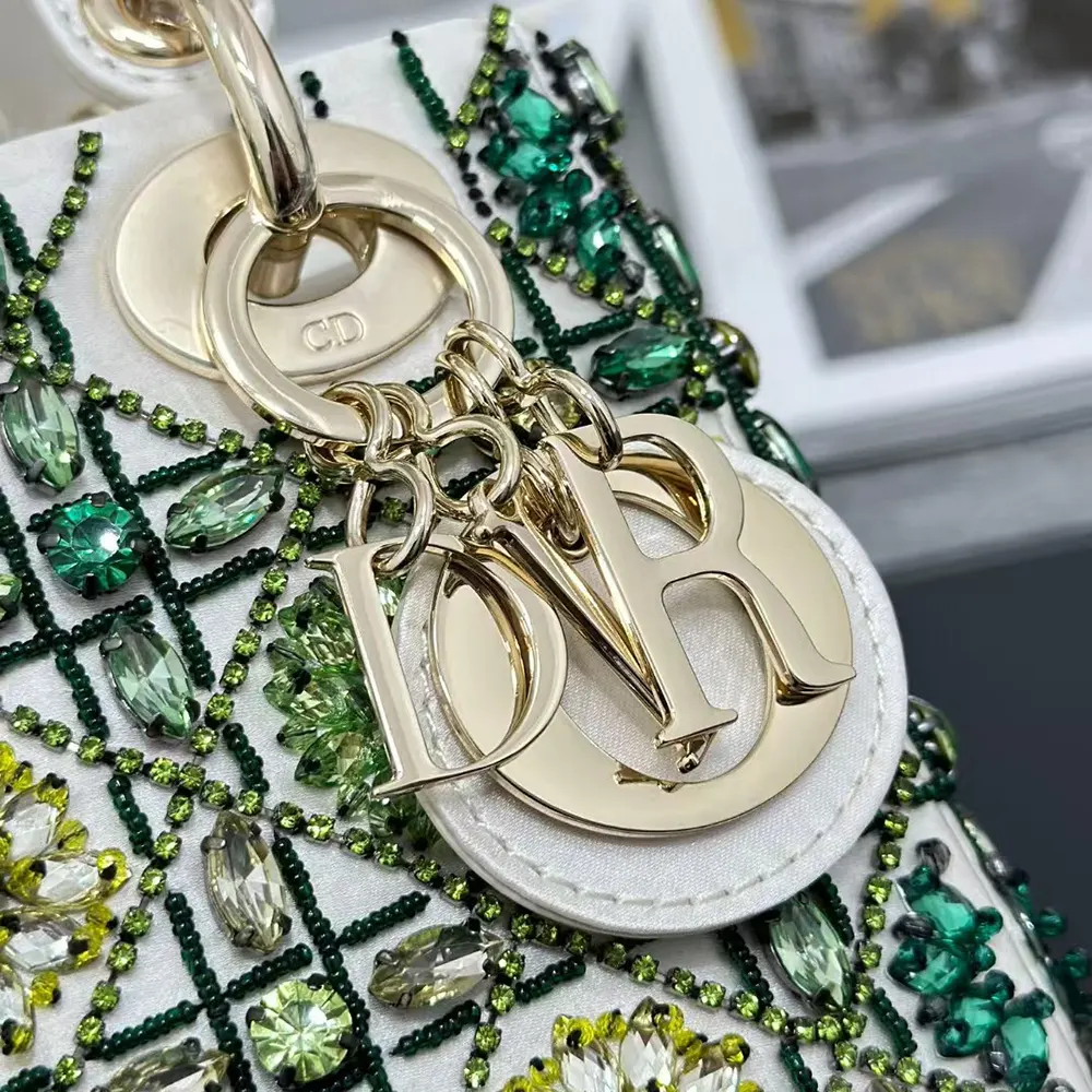 Dior Women Small Lady Dior Bag Metallic Calfskin and Satin with Celestial Green Bead Embroidery - image 7