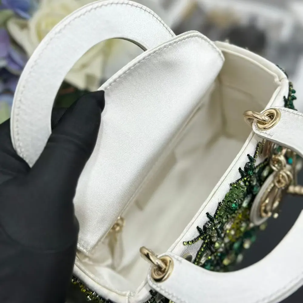 Dior Women Small Lady Dior Bag Metallic Calfskin and Satin with Celestial Green Bead Embroidery - image 9