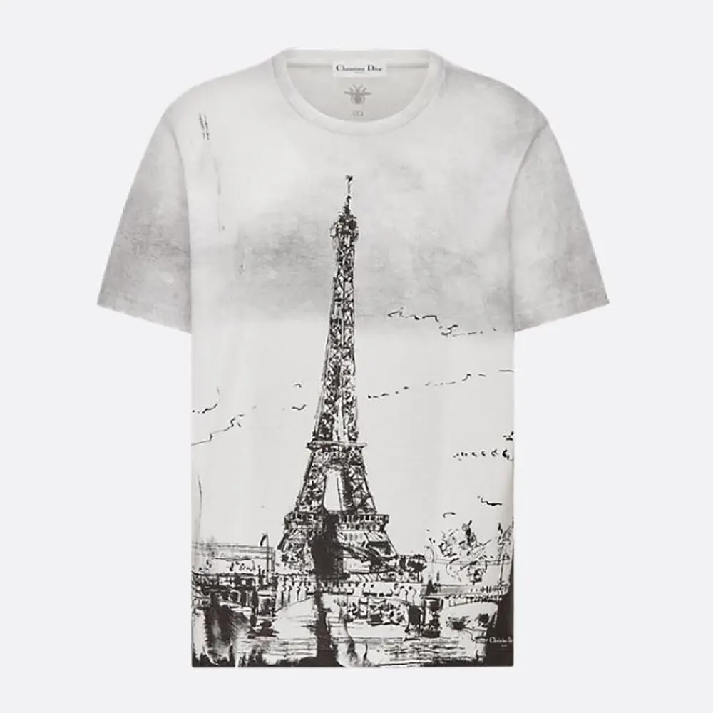 Front view of Dior Women T-Shirt Black and White Cotton and Linen Jersey with Paris Motif