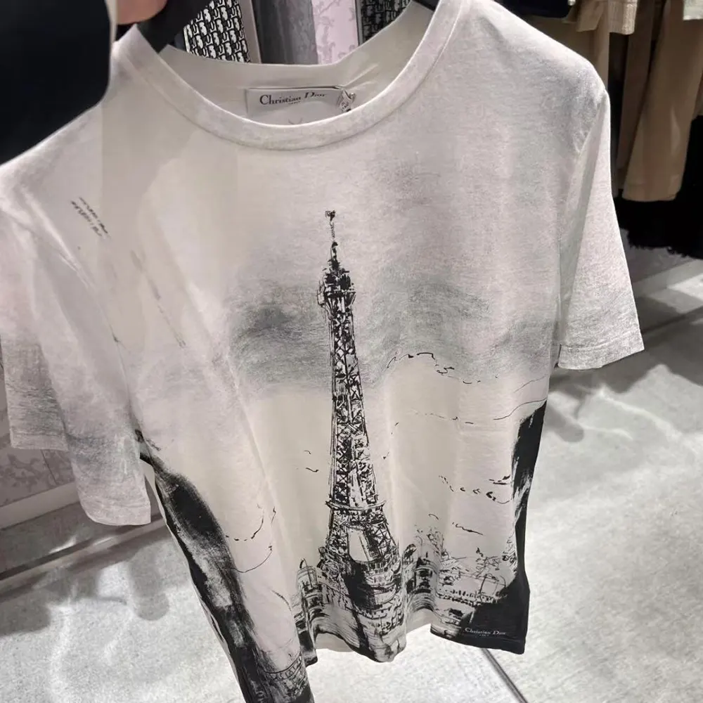 Dior Women T-Shirt Black and White Cotton and Linen Jersey with Paris Motif - image 5