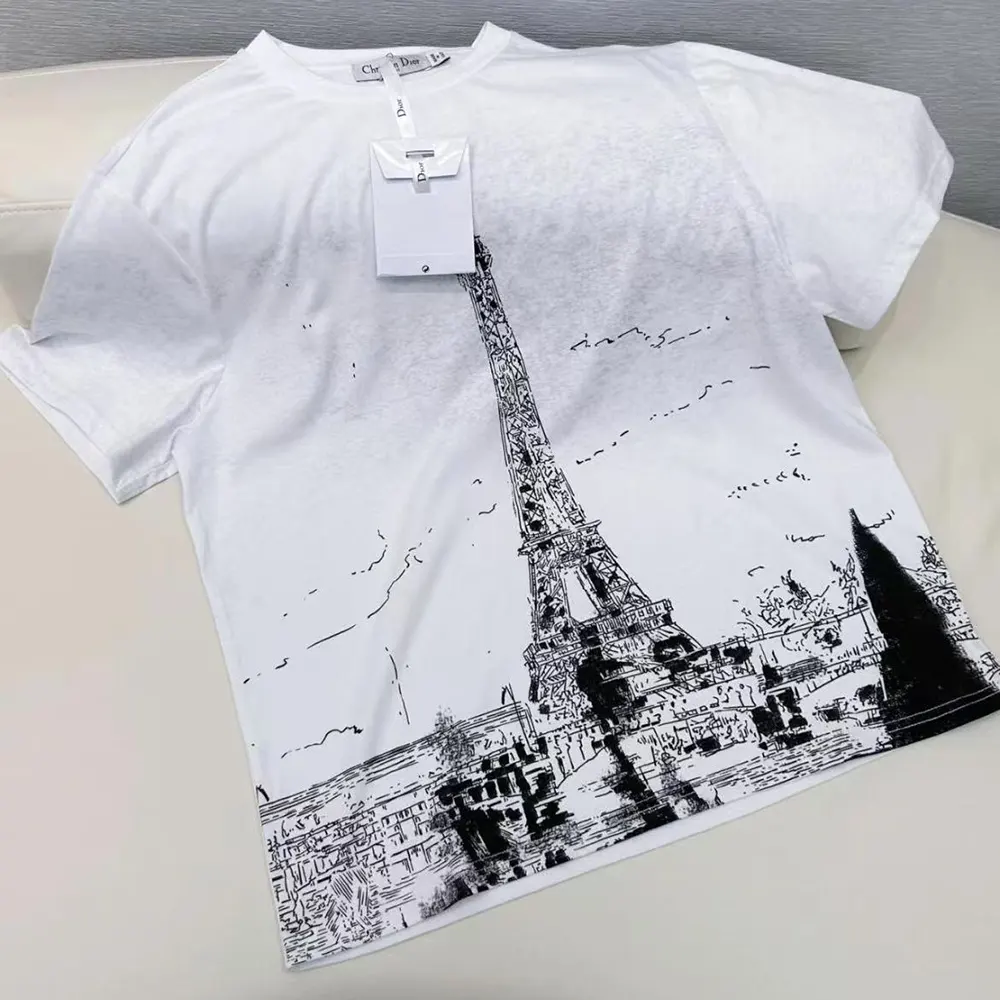 Side angle showing relaxed fit of Dior Women T-Shirt Black and White Cotton and Linen Jersey