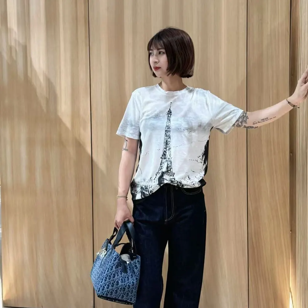 Dior Women T-Shirt Black and White Cotton and Linen Jersey with Paris Motif - image 8