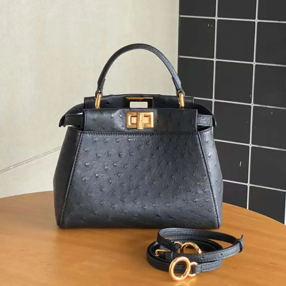 Front view of Fendi Women Peekaboo Iconic Mini Black Ostrich Leather Bag