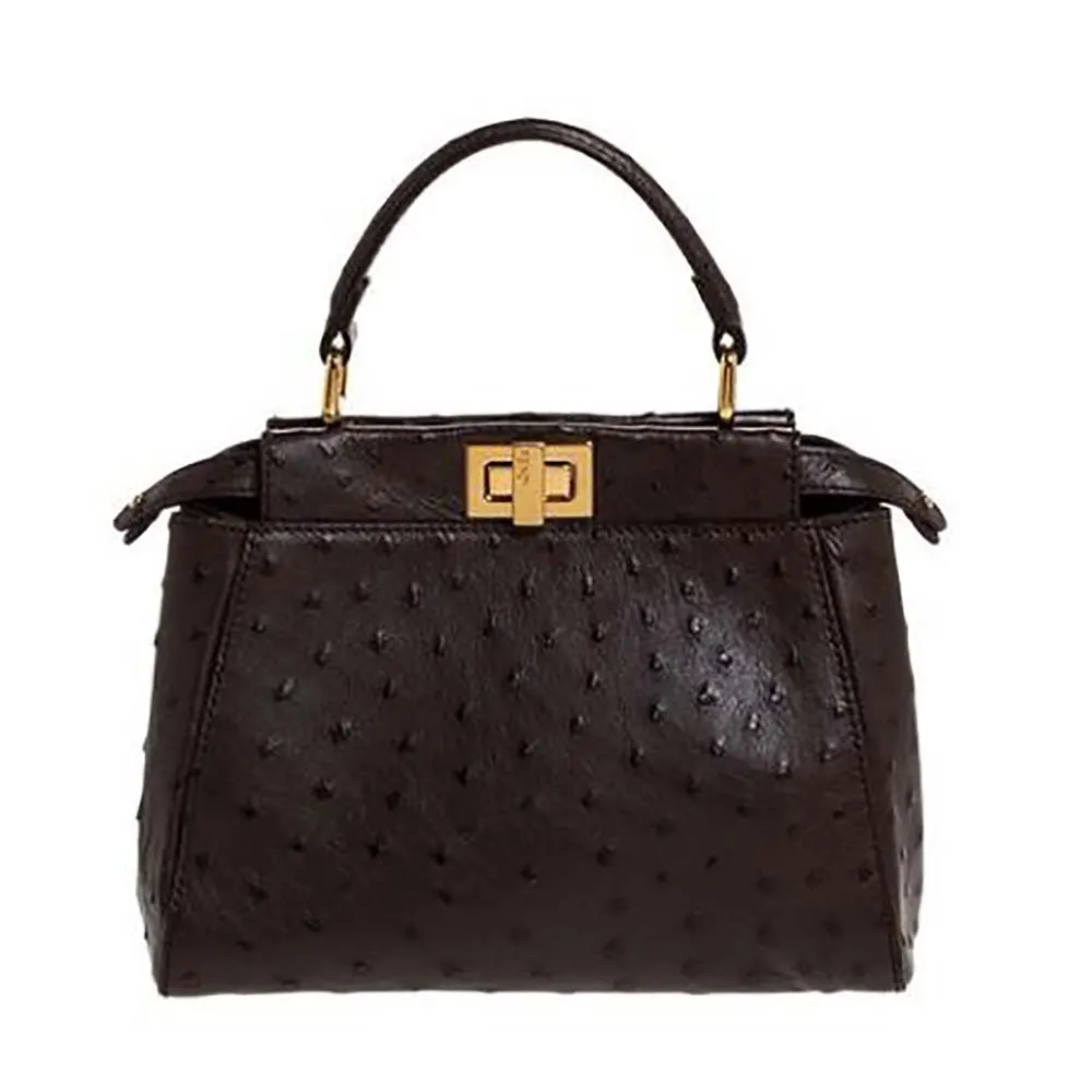 Front view of Fendi Women Peekaboo Iconic Mini Bordeaux Ostrich Leather Bag