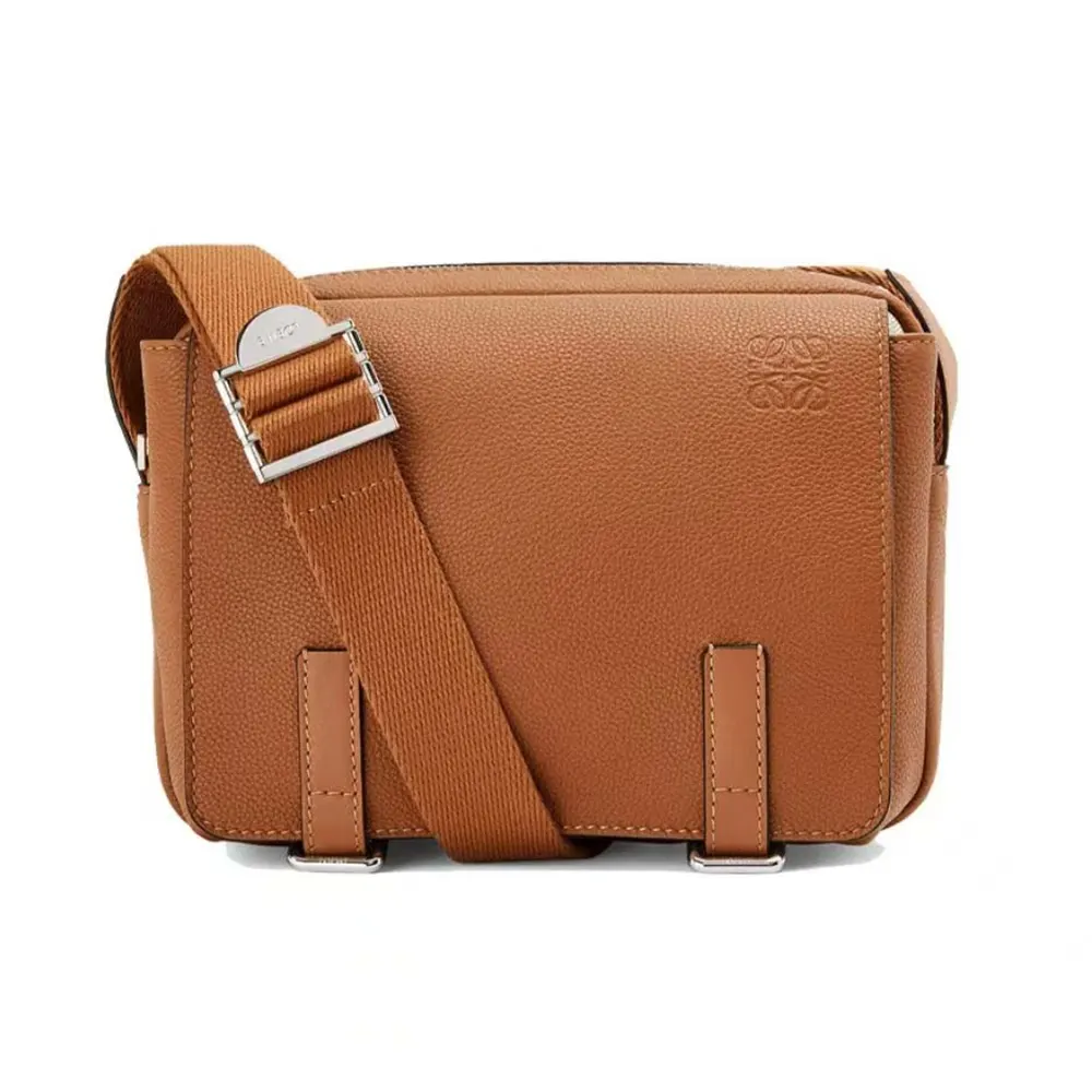 Front angle of Loewe Men XS Military Messenger Bag in brown calfskin