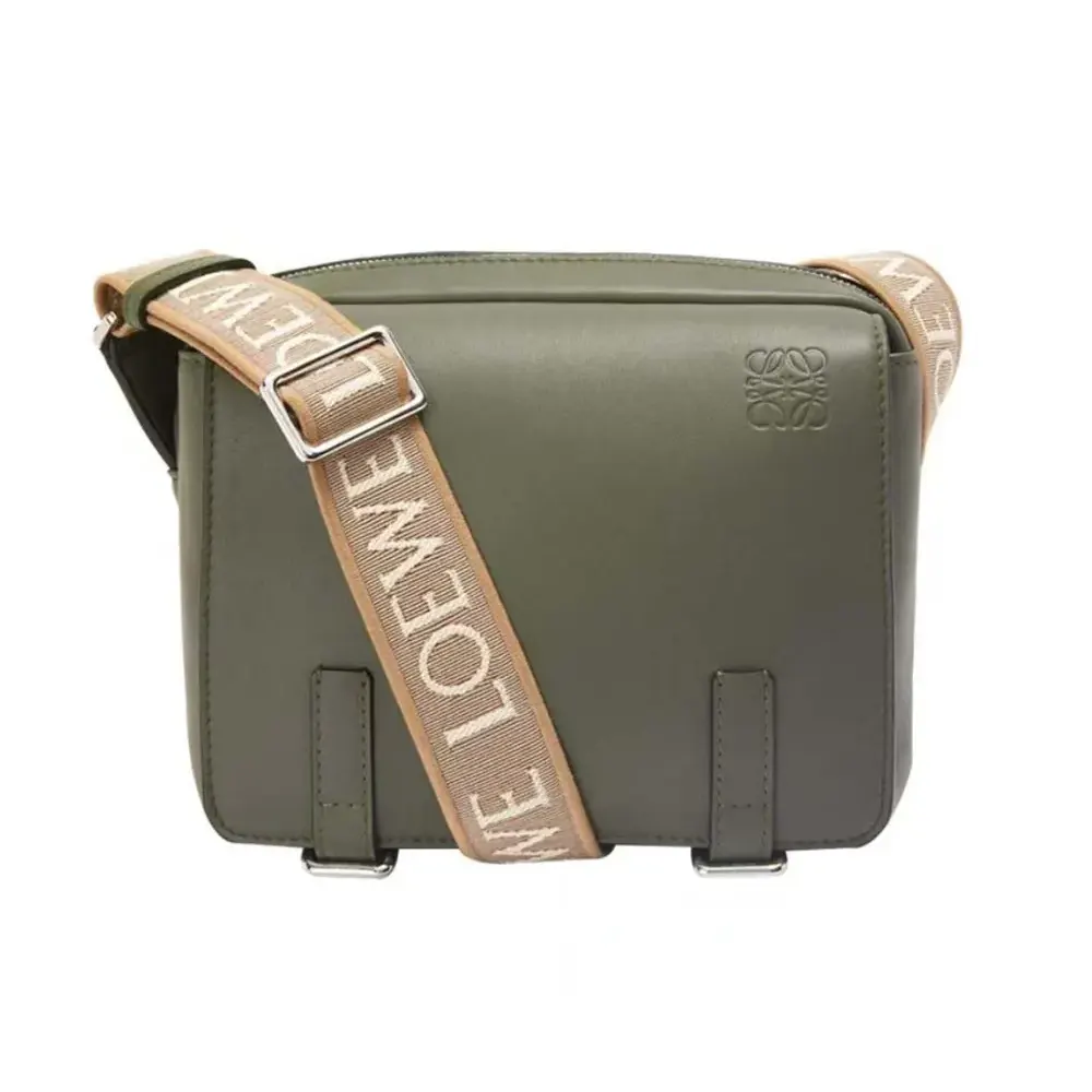 Front view of Loewe Men XS Military Messenger Bag in dark green calfskin