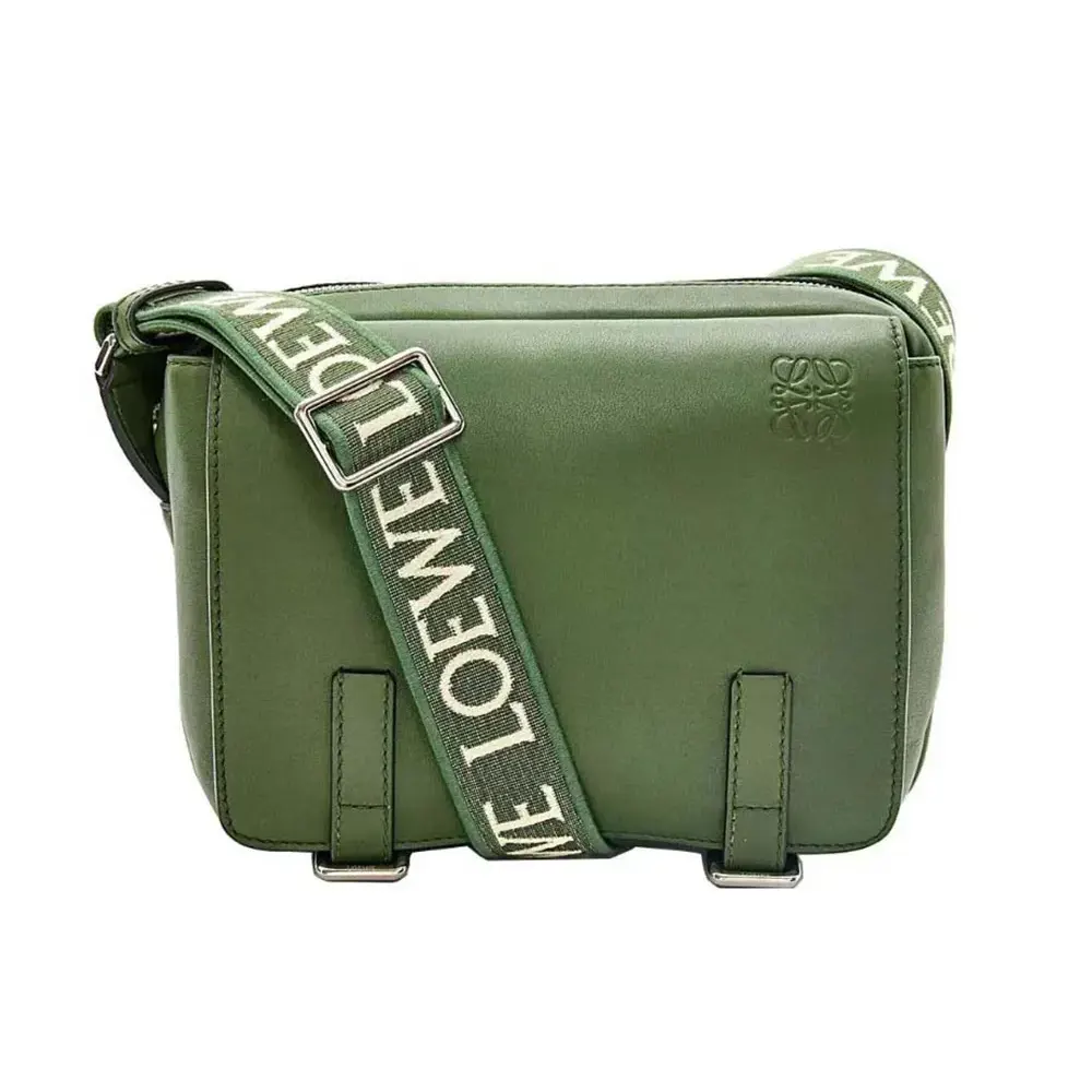 Front view of Loewe Men XS Military Messenger Bag in green calfskin