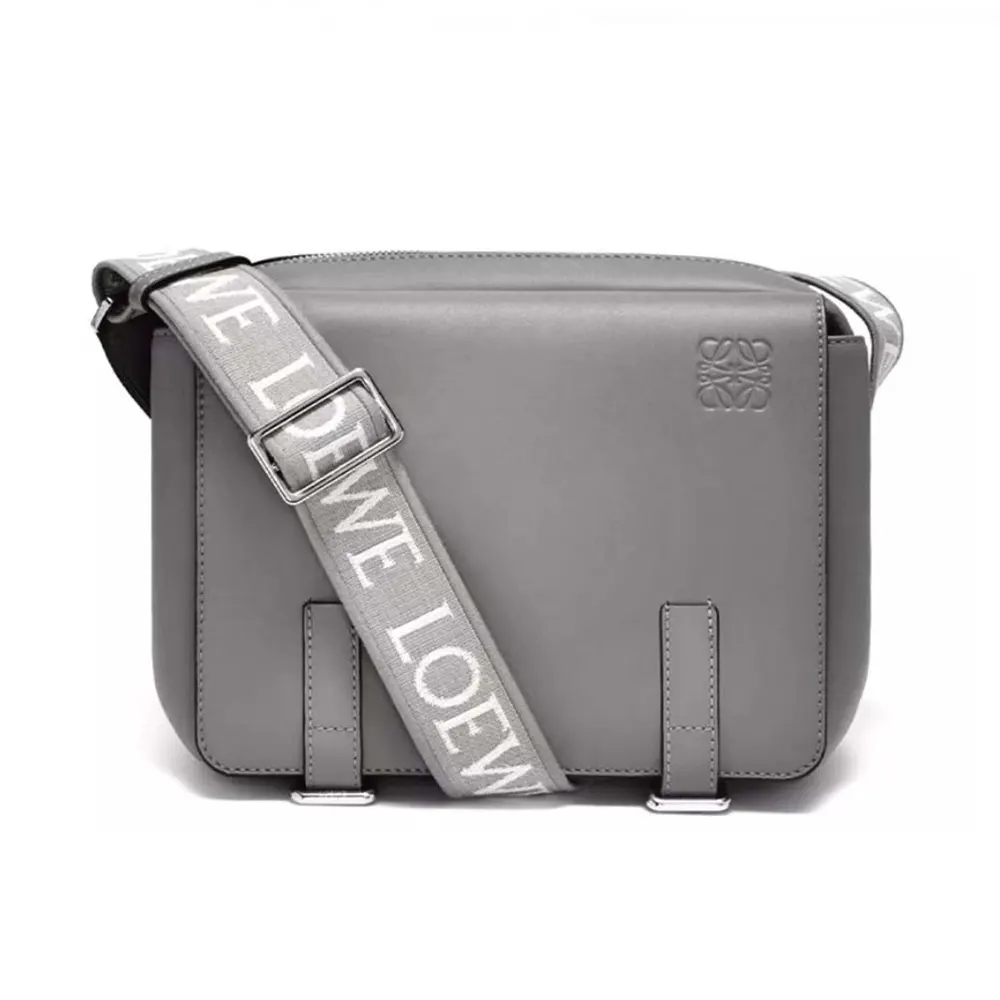 Front view of Loewe Men XS Military Messenger Bag in grey calfskin