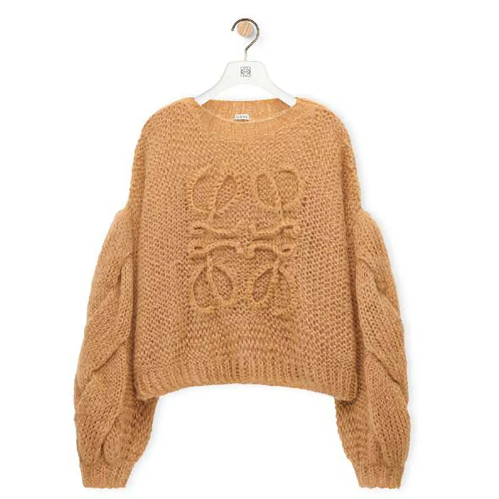 Front view of Loewe Women Anagram Sweater in Mohair-Brown