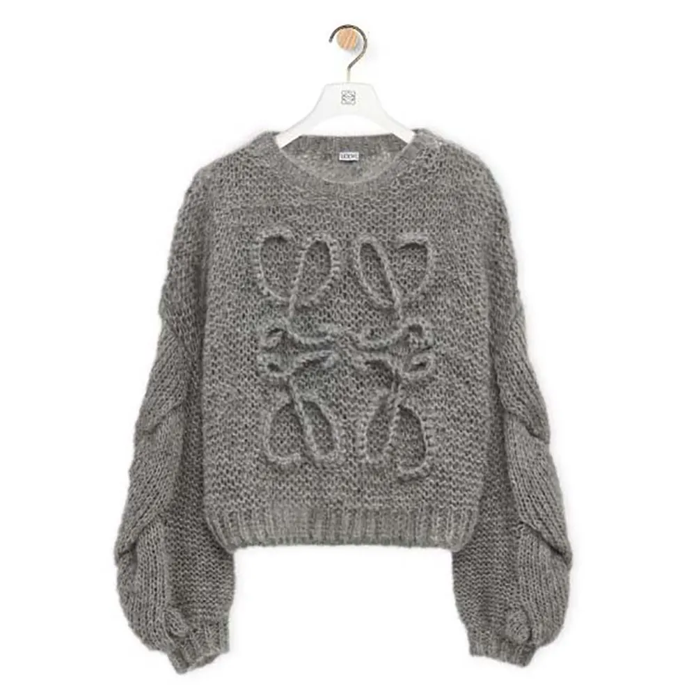 Front view of Loewe Women Anagram Sweater in Mohair-Grey