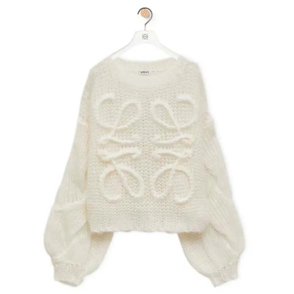 Front view of Loewe Women Anagram Sweater in Mohair-White showing logo detail