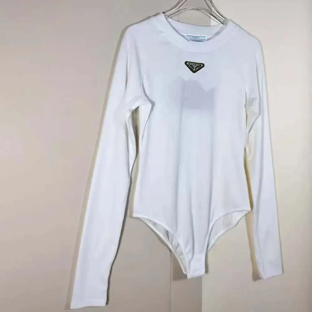 Front view of Prada Women Ribbed Knit Jersey Bodysuit-White in natural light
