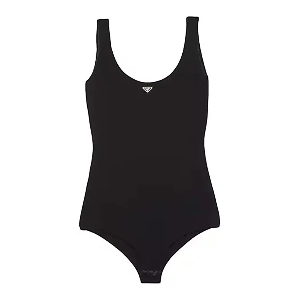 Front view of Prada Women Stretch Jersey Bodysuit-Black on mannequin