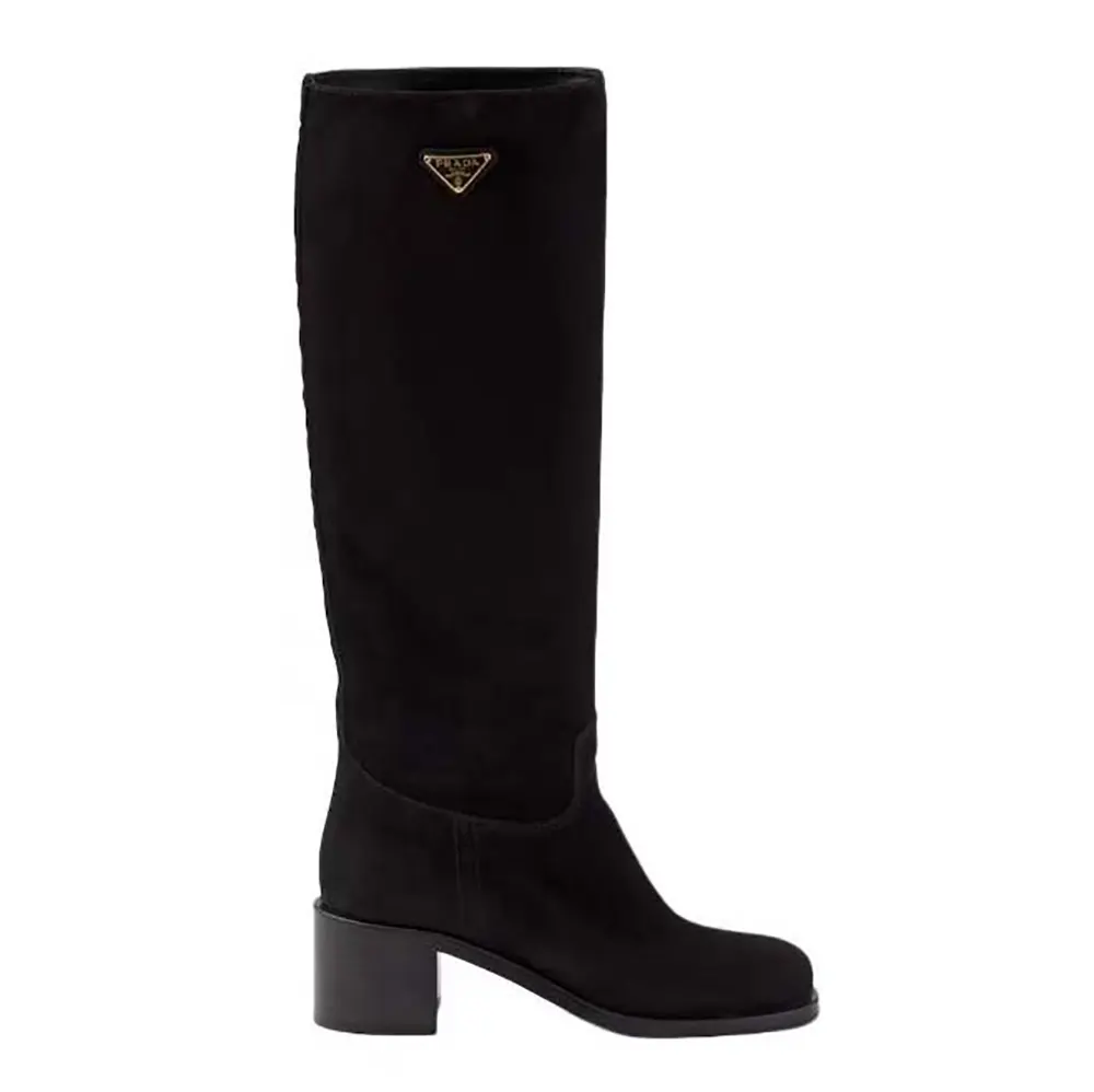 Side view of Prada Women Suede Boots-Black showing suede texture