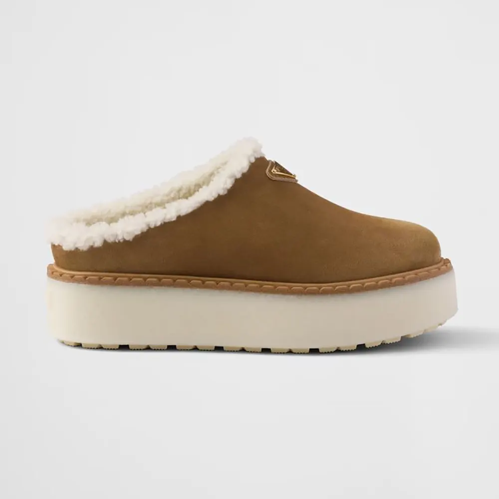Side view of Prada Women Suede Mules in brown suede