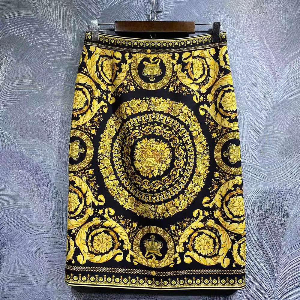 Front view of Versace Women Barocco Bomber Skirt-Yellow showing vibrant print