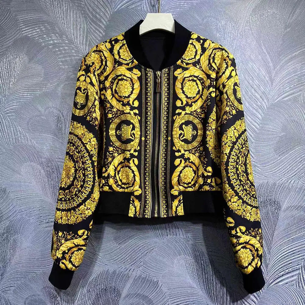Front view of Versace Women Barocco Reversible Bomber Jacket-Yellow/Black