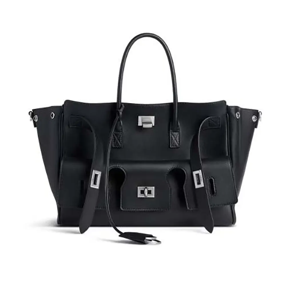Front view of Balenciaga Women Bel Air Small Carry All Bag in black calfskin