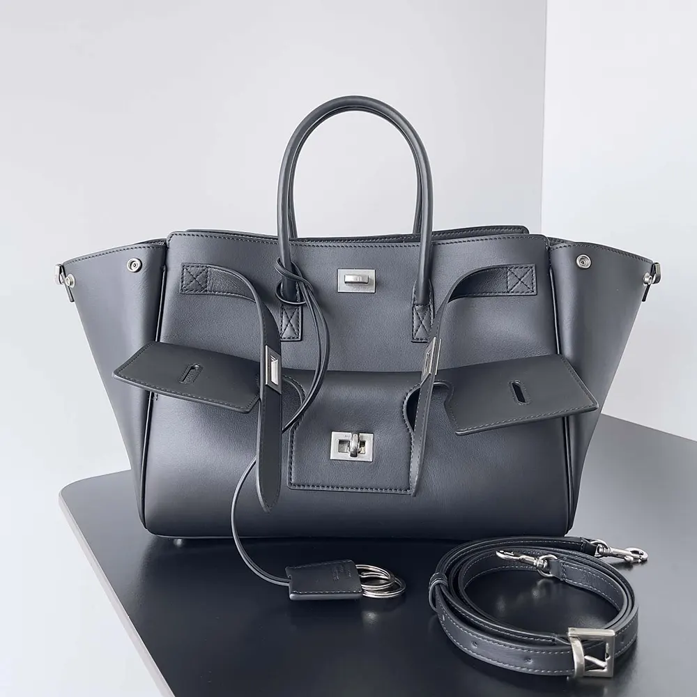 Close-up of silver hardware and smooth calfskin texture on Balenciaga bag