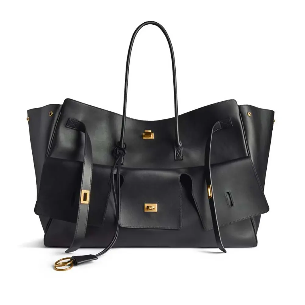 Front view of Balenciaga Women Bel Air XL Carry All Bag in black smooth calfskin