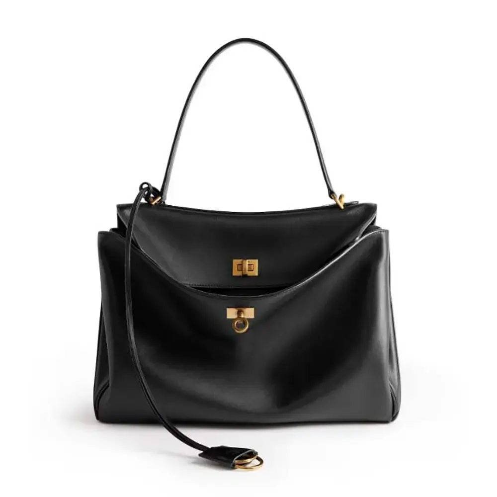 Front view of Balenciaga Women Rodeo Medium Handbag in Black with studs