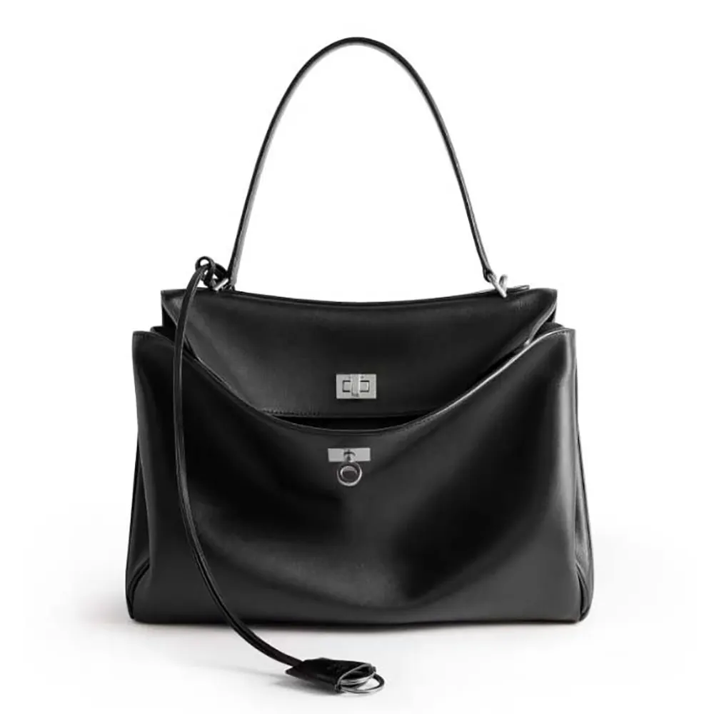 Front view of Balenciaga Women Rodeo Medium Handbag in black calfskin