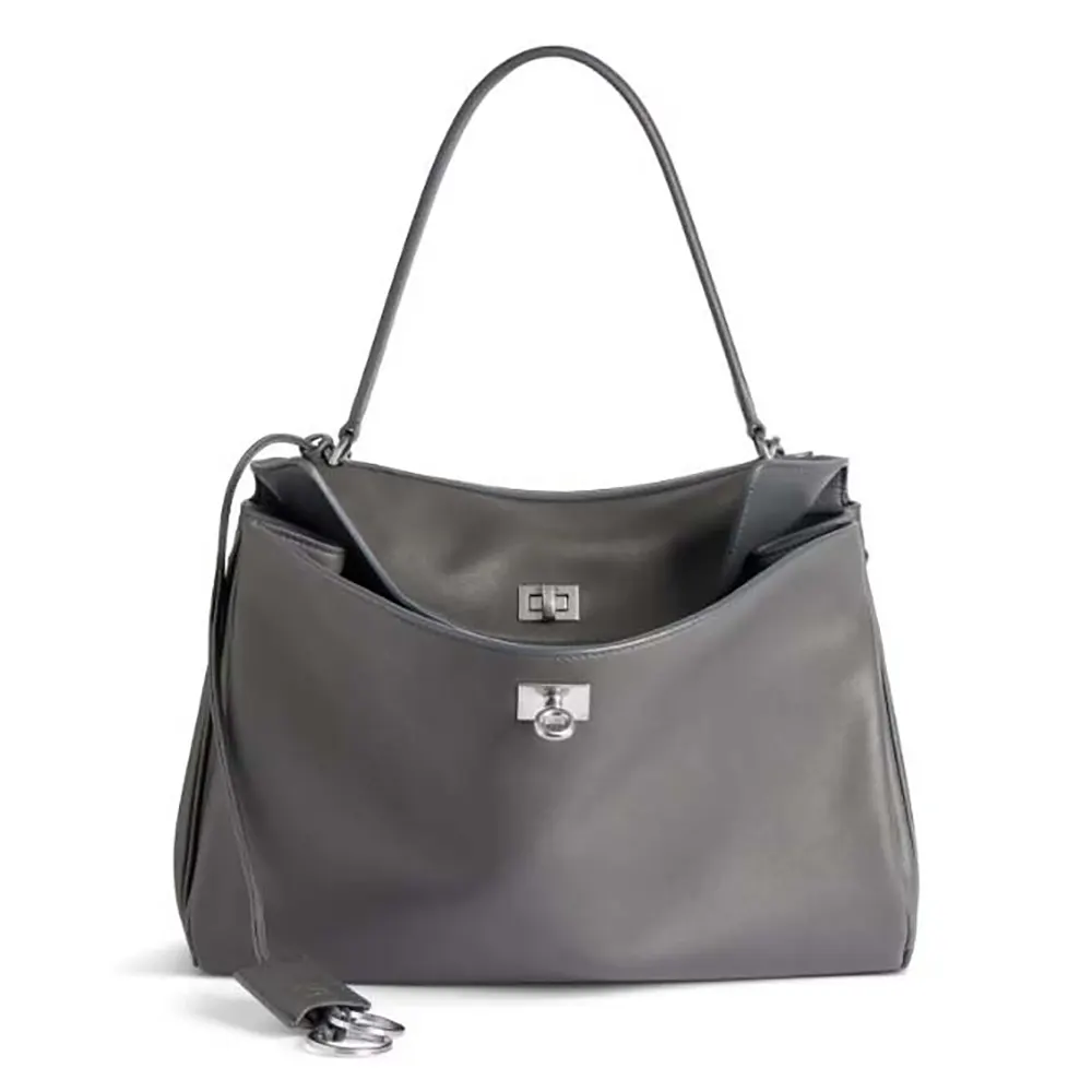 Front angle of Balenciaga Women Rodeo Medium Handbag in grey smooth calfskin