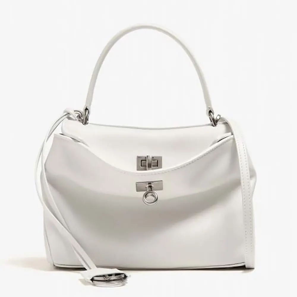 Front angle of Balenciaga Women Rodeo Medium Handbag in white calfskin