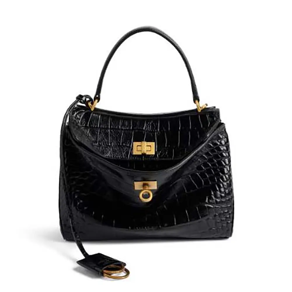 Front angle of Balenciaga Women Rodeo Mini Handbag Supple Crocodile Embossed in Black
