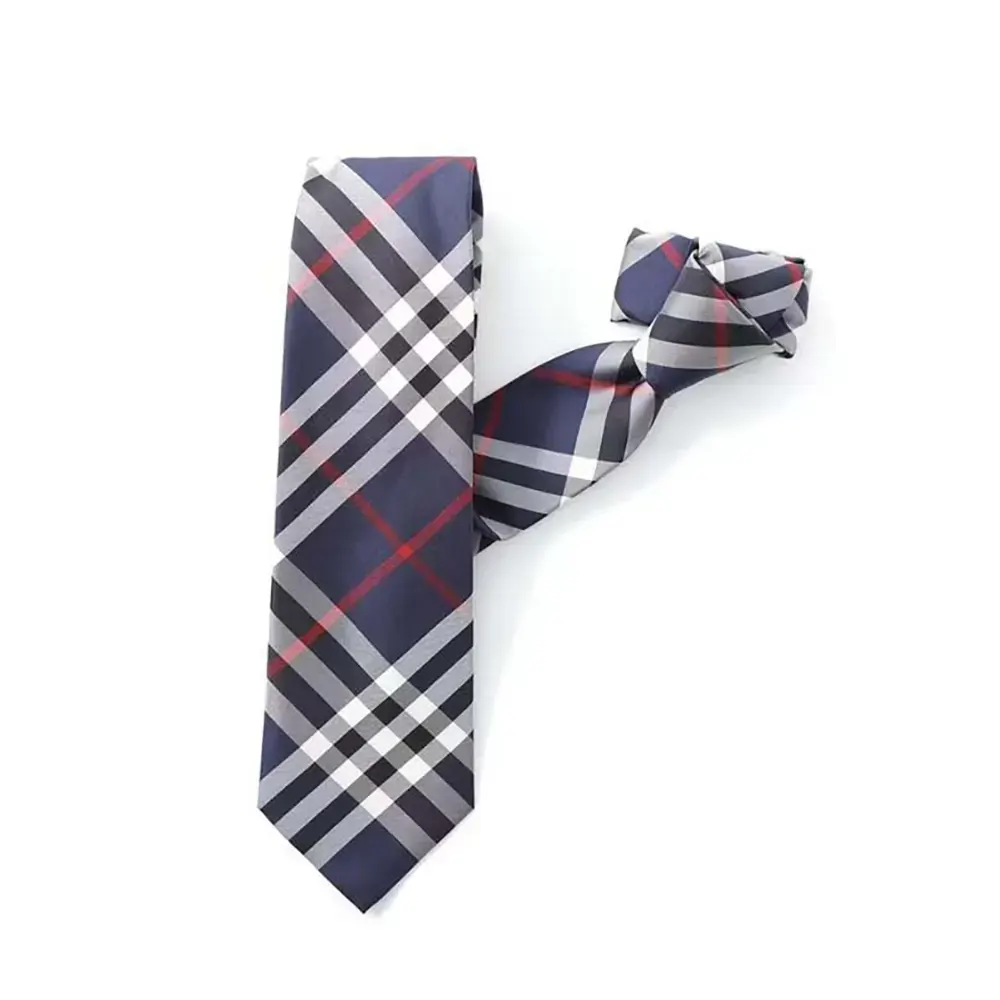 Front view of Burberry Men Classic Cut Vintage Check Silk Tie-Navy showing pattern