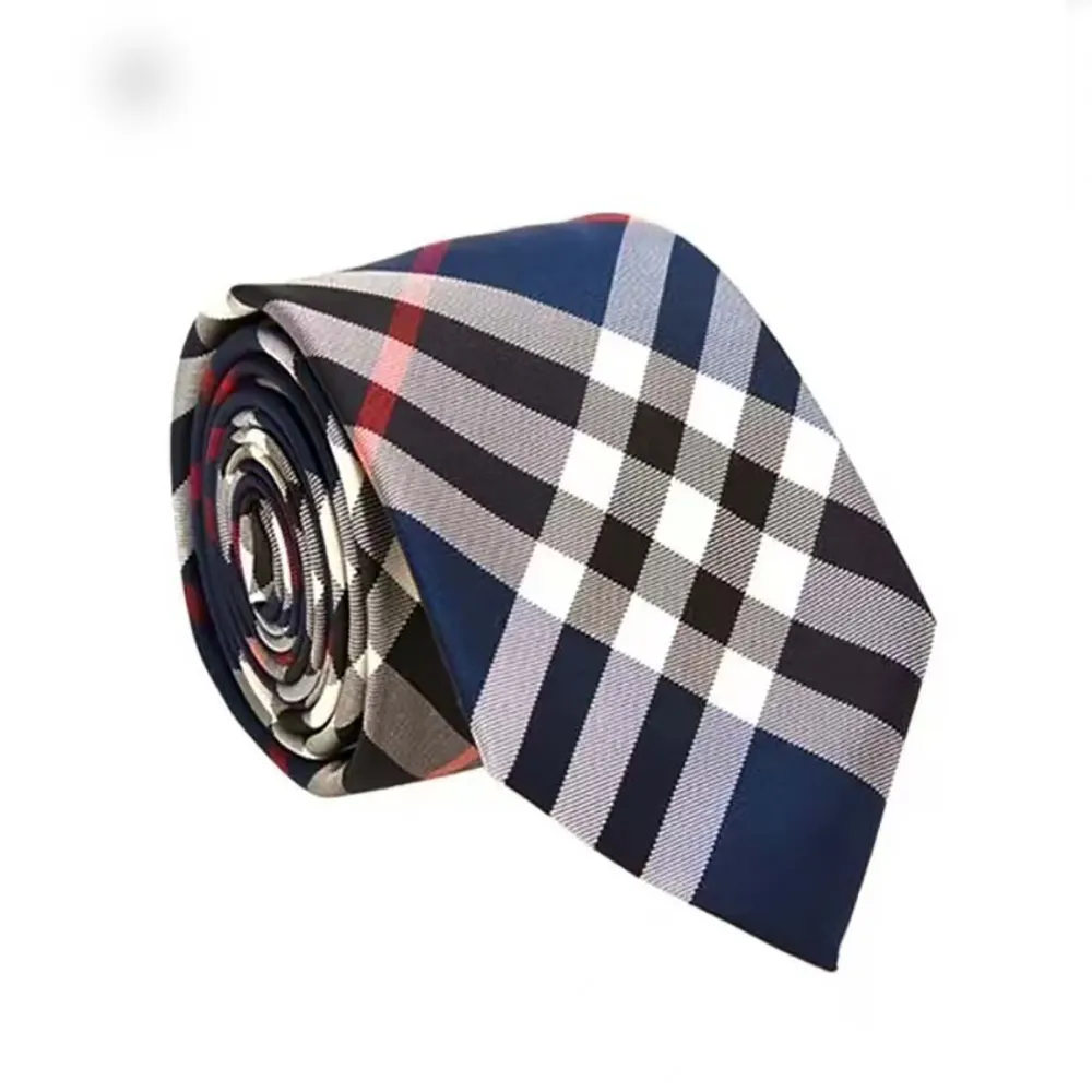 Angled shot highlighting the classic cut and deep navy tone of Burberry tie