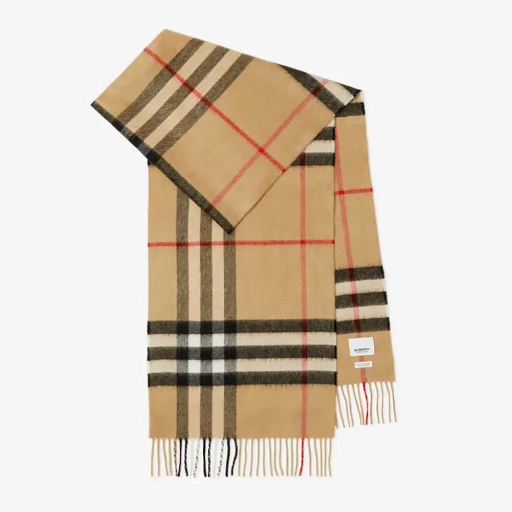Front view of Burberry Unisex Check Cashmere Scarf-Beige showing classic check