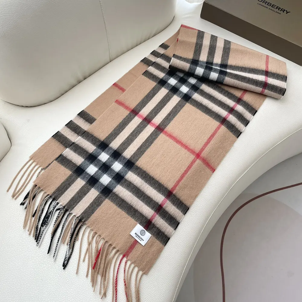 Burberry Unisex Check Cashmere Scarf-Beige draped on mannequin highlighting beige tones