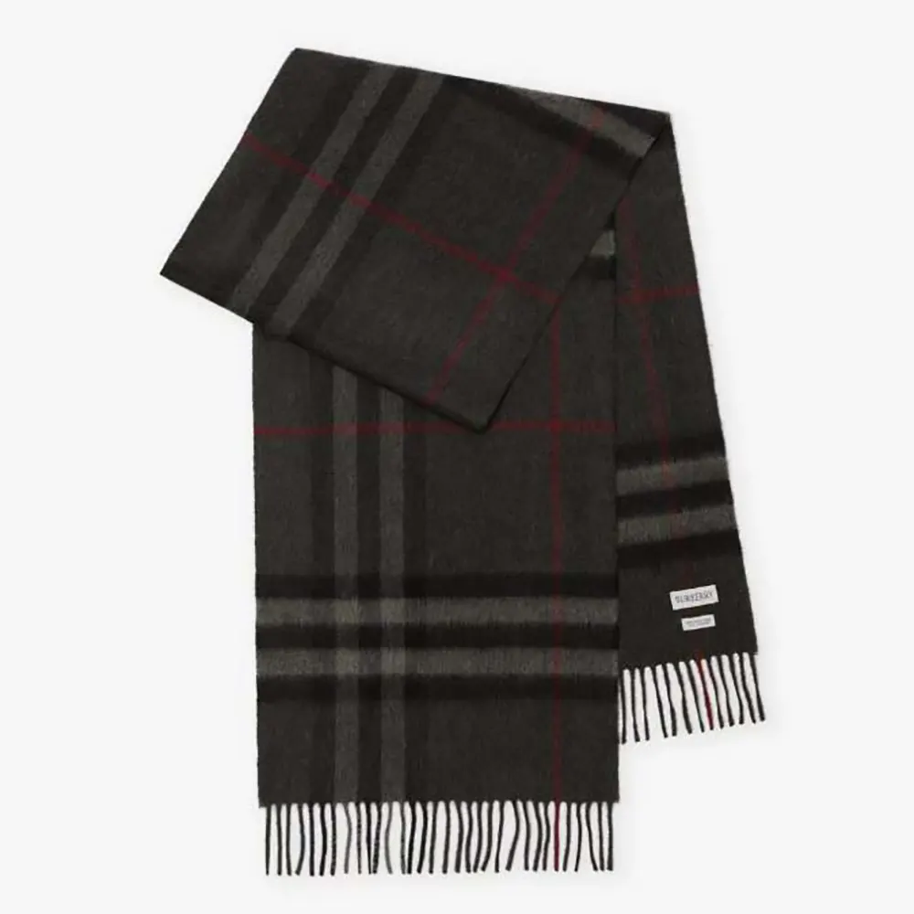 Front view of Burberry Unisex Check Cashmere Scarf-Black draped