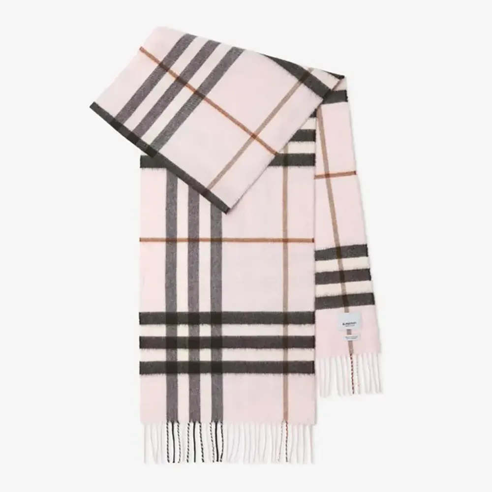Front view of Burberry Unisex Check Cashmere Scarf-Pink showing pink check pattern